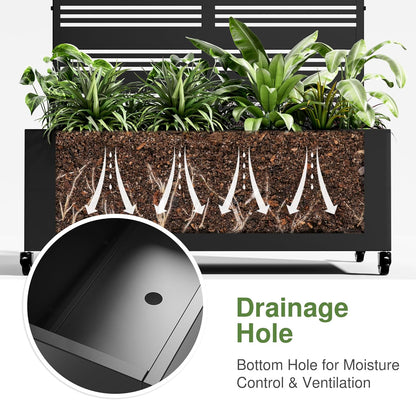 Metal Raised Garden Bed with Trellis & Wheels,72"x47"x16" Planter Box for Climbing Plants and Vegetables with Drainage Holes & Privacy Screen (Black)