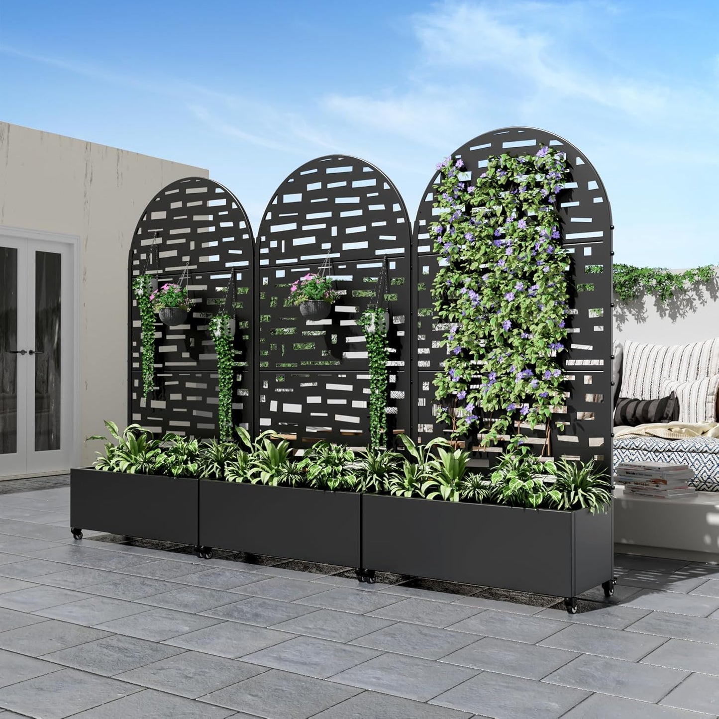 Metal Raised Garden Bed with Trellis & Wheels,72"x47"x16" Planter Box for Climbing Plants and Vegetables with Drainage Holes & Privacy Screen (Black)