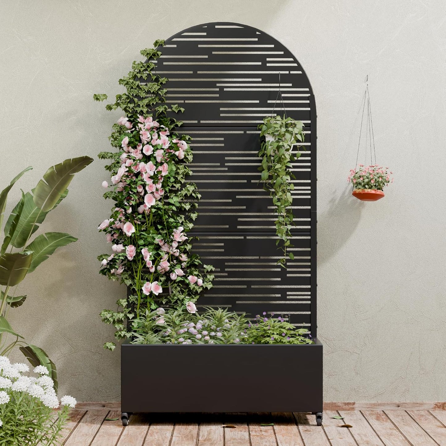 Metal Raised Garden Bed with Trellis & Wheels,72"x47"x16" Planter Box for Climbing Plants and Vegetables with Drainage Holes & Privacy Screen (Black)