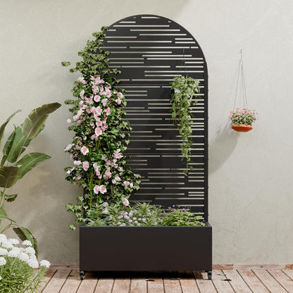 Metal Raised Garden Bed with Trellis & Wheels,72"x47"x16" Planter Box for Climbing Plants and Vegetables with Drainage Holes & Privacy Screen (Black)