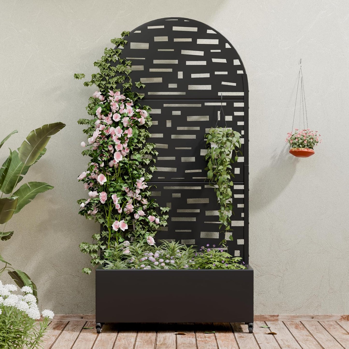 Metal Raised Garden Bed with Trellis & Wheels,72"x47"x16" Planter Box for Climbing Plants and Vegetables with Drainage Holes & Privacy Screen (Black)
