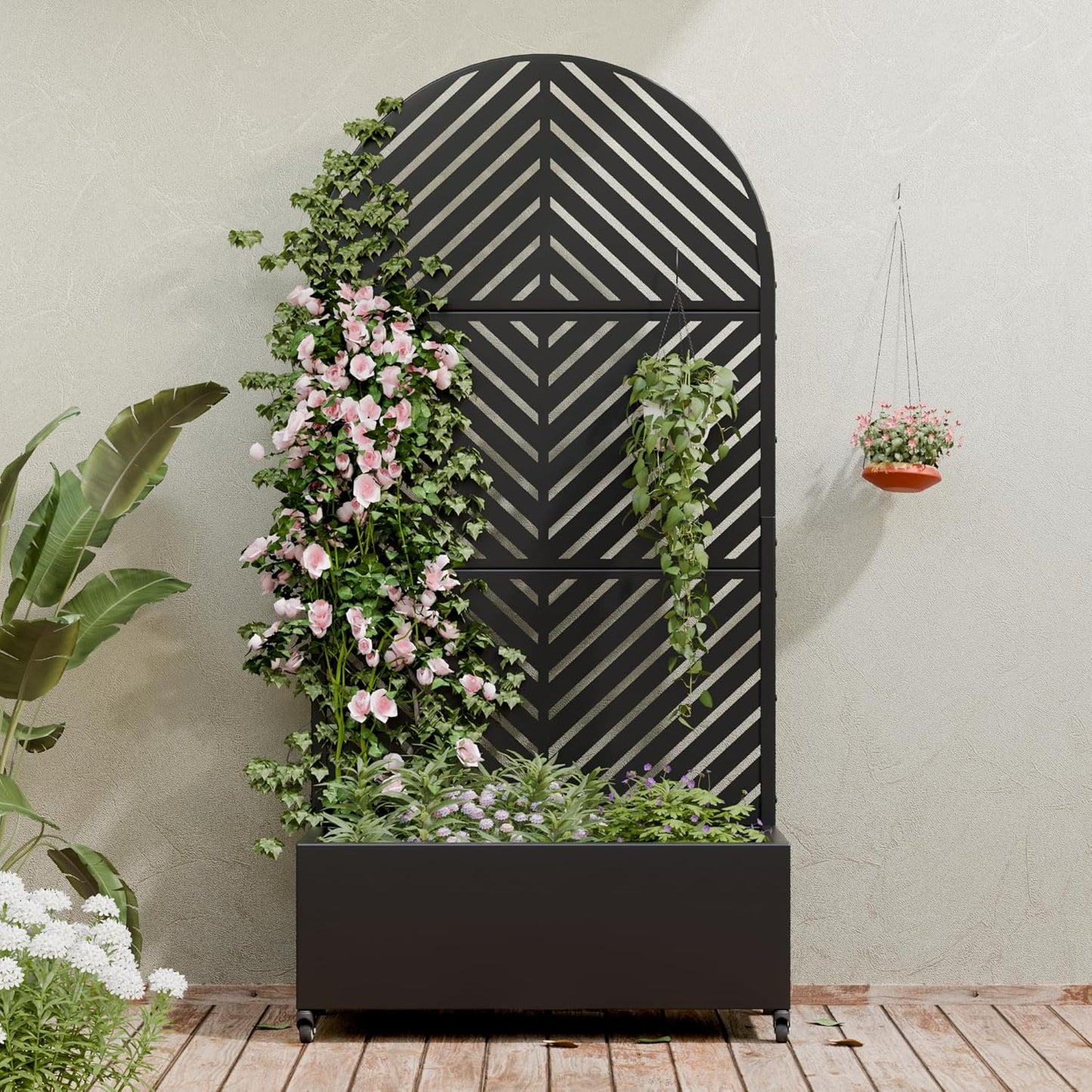 Metal Raised Garden Bed with Trellis & Wheels,72"x47"x16" Planter Box for Climbing Plants and Vegetables with Drainage Holes & Privacy Screen (Black)