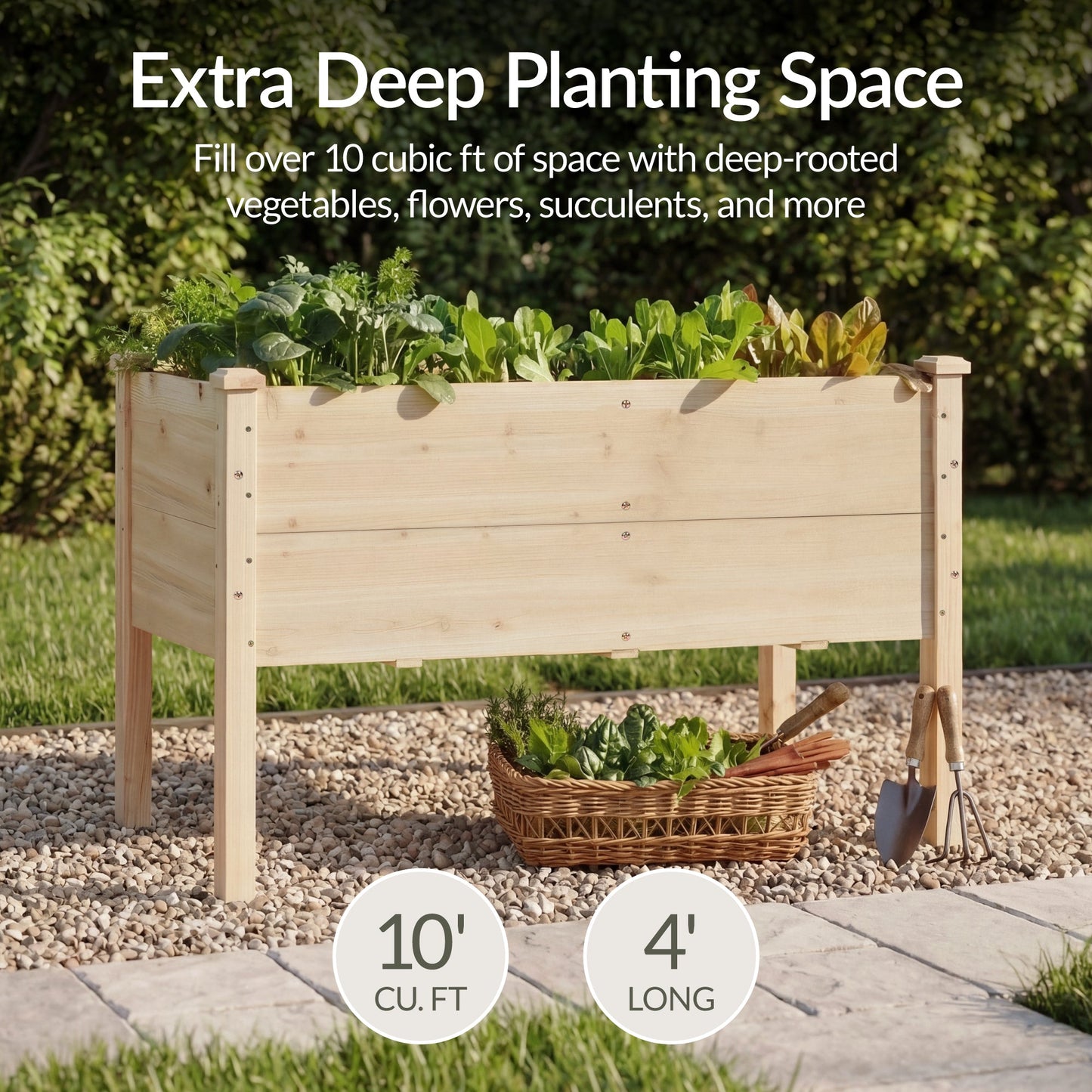 48" x 24" x 30" Raised Wooden Garden Bed w/16" Depth, Elevated Wood Planter
