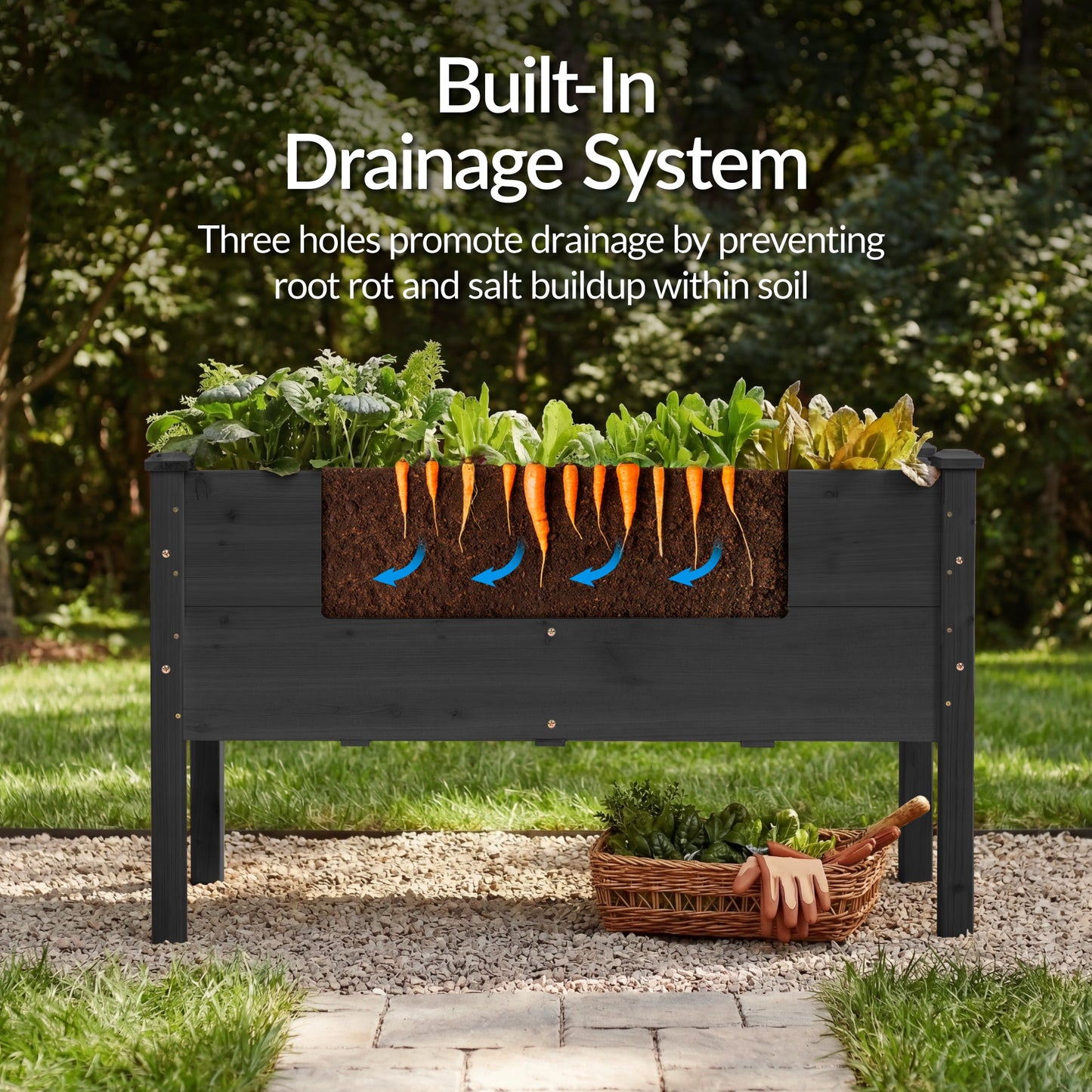 48" x 24" x 30" Raised Wooden Garden Bed w/16" Depth, Elevated Wood Planter